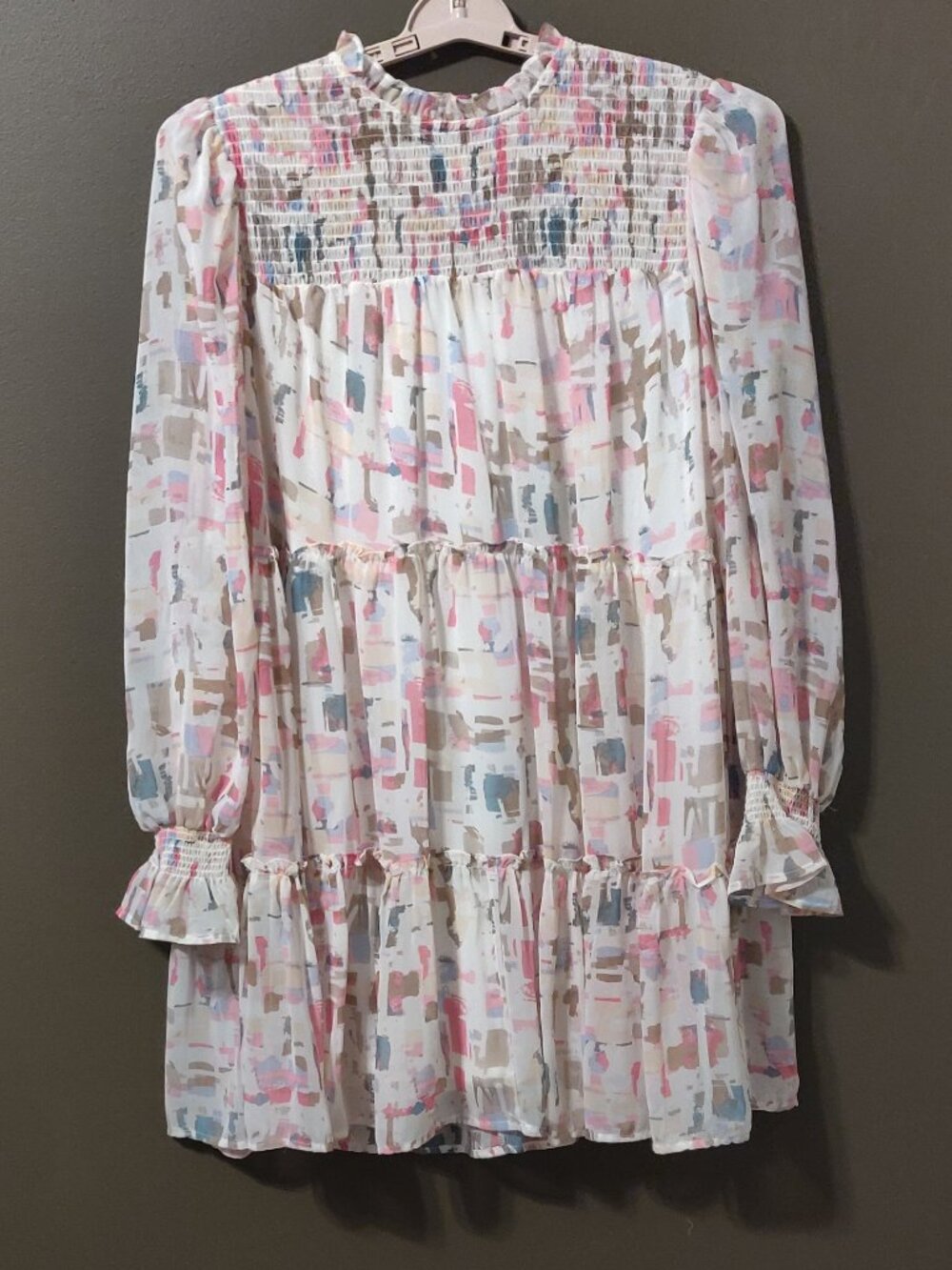 Entro Watercolor Mock Neck Smocked Tiered Baby Doll Dress Size Large